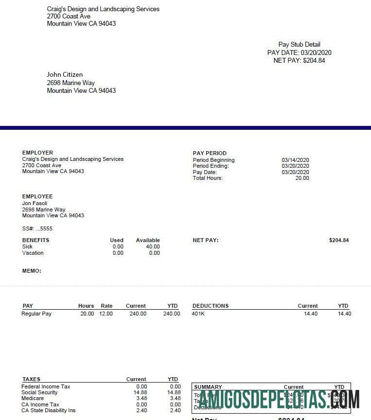 Recibo de pagamento dos serviços de design e paisagismo da CRAIG em formatos Word e PDF exemplo